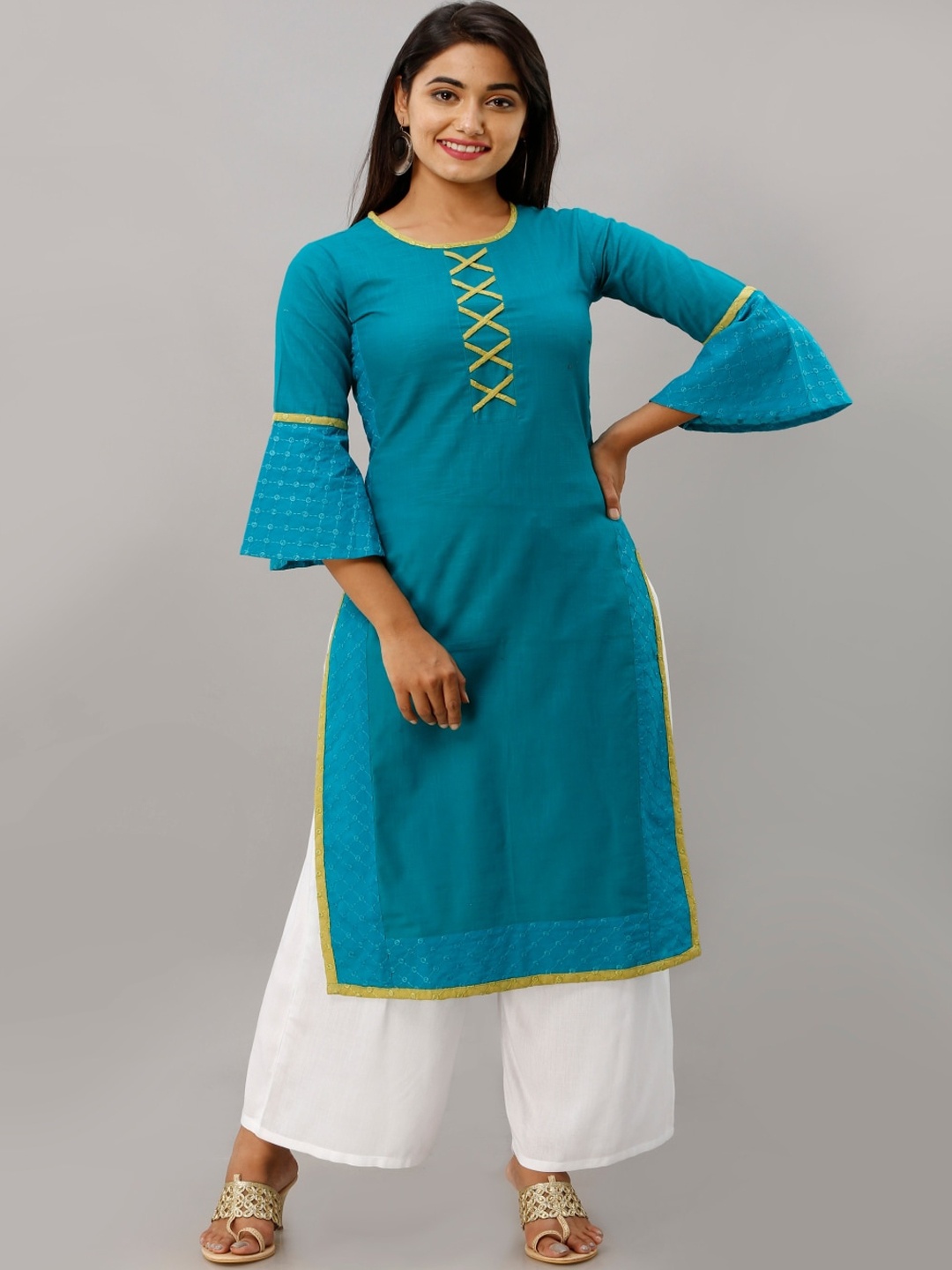 

Maishi Women Turquoise Blue Bell Sleeves Straight Kurta