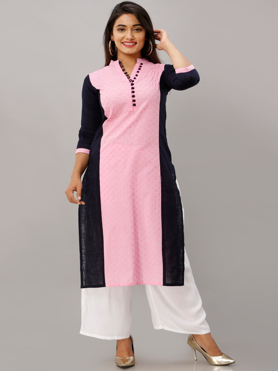 

Maishi Women Pink Colourblocked Thread Work Kurta