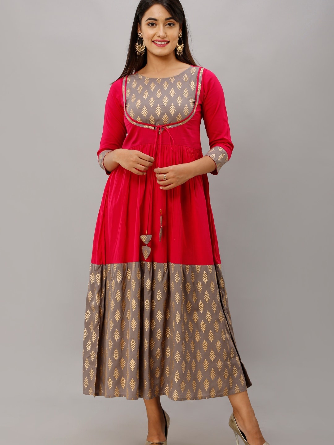 

Maishi Pink & Grey Ethnic Motifs Ethnic Maxi Dress