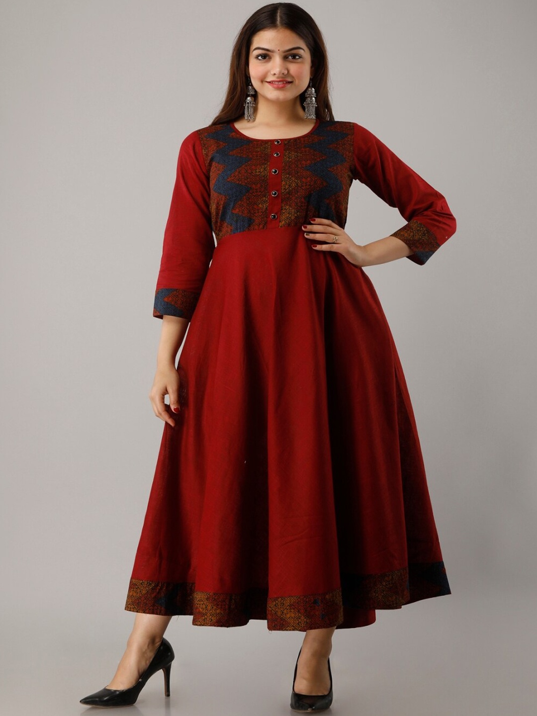Maishi Women Maroon Printed Cotton Anarkali Kurta
