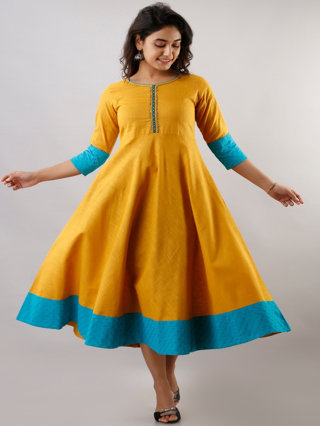 

Maishi Women Mustard Yellow & Blue Thread Work Anarkali Kurta