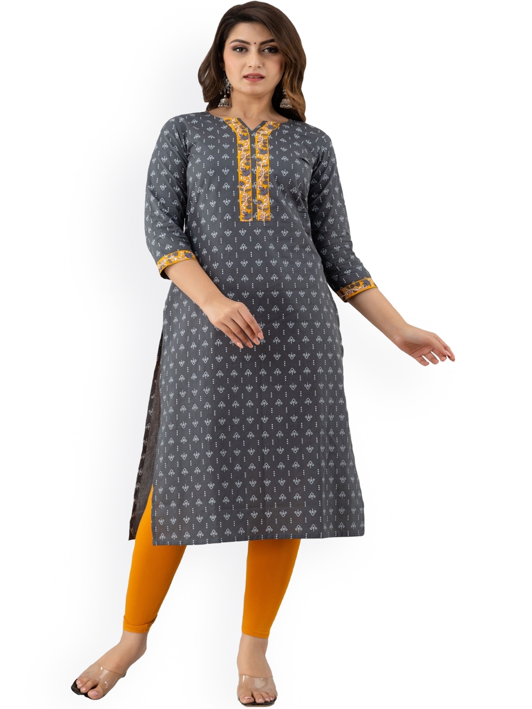 

Maishi Women Grey & Yellow Ethnic Motifs Printed Cotton Kurta