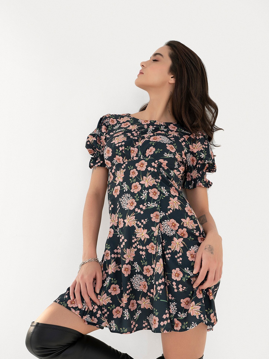 

CLOSETHOOK Navy Blue Floral Crepe Dress