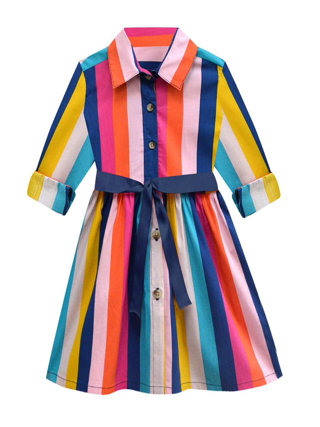 

A T U N Girls Multicoloured Striped Cotton Shirt Dress, Multi