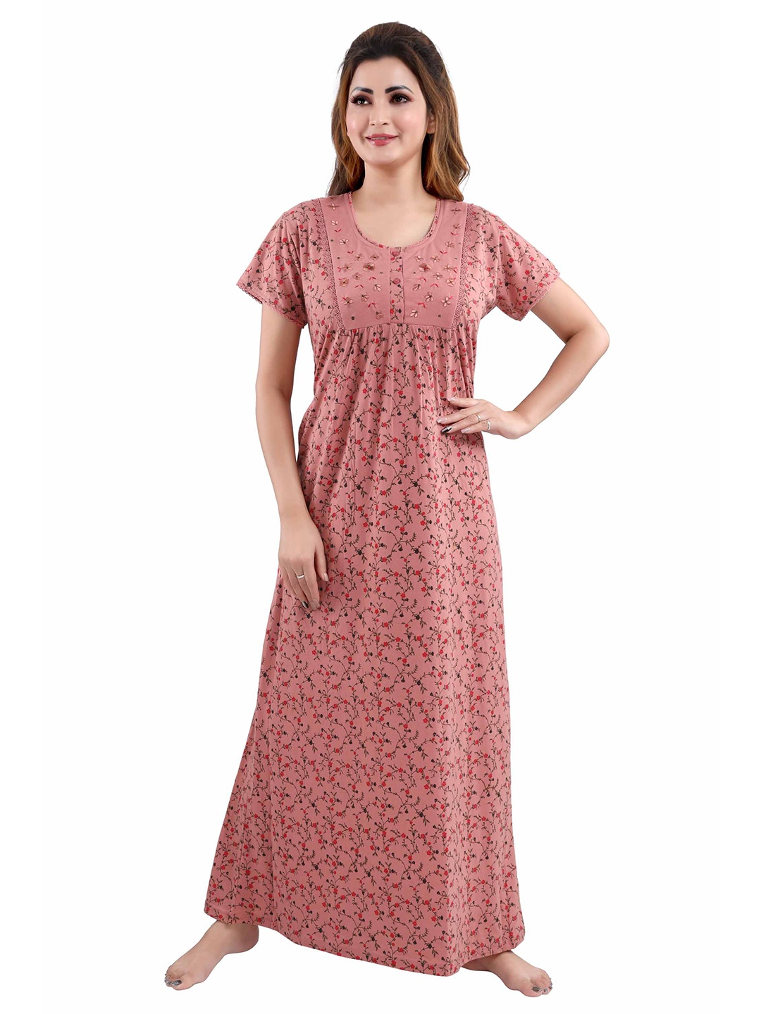 

9shines Label Peach-Coloured Printed Cotton Maternity Maxi Nightdress