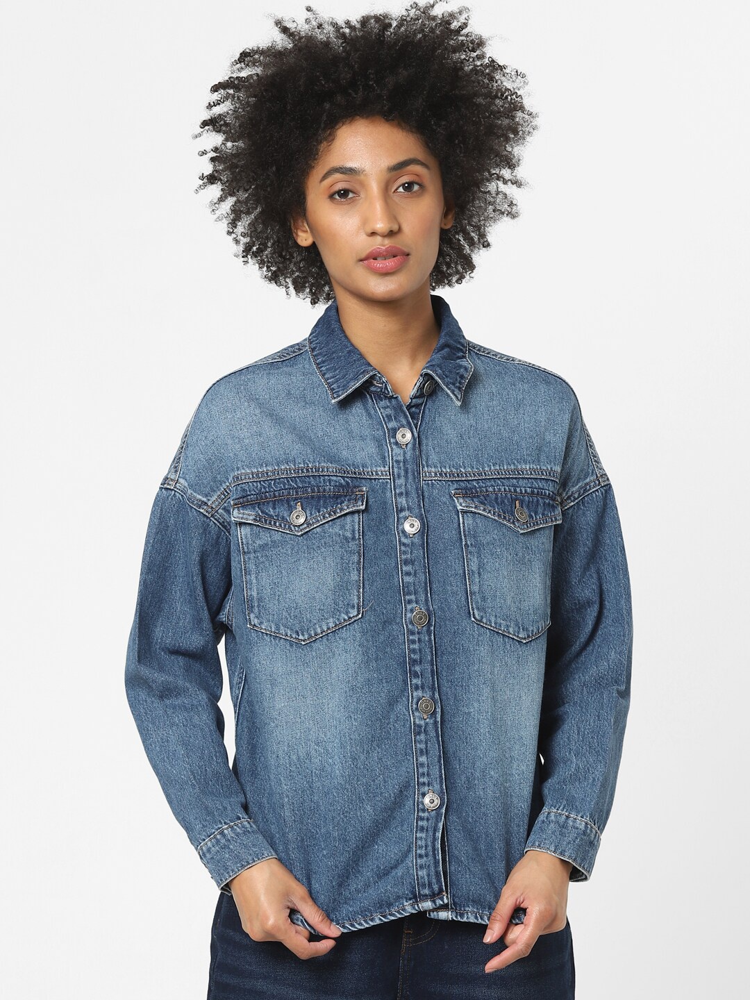 

ONLY Women Blue Washed Cotton Denim Casual Shirt