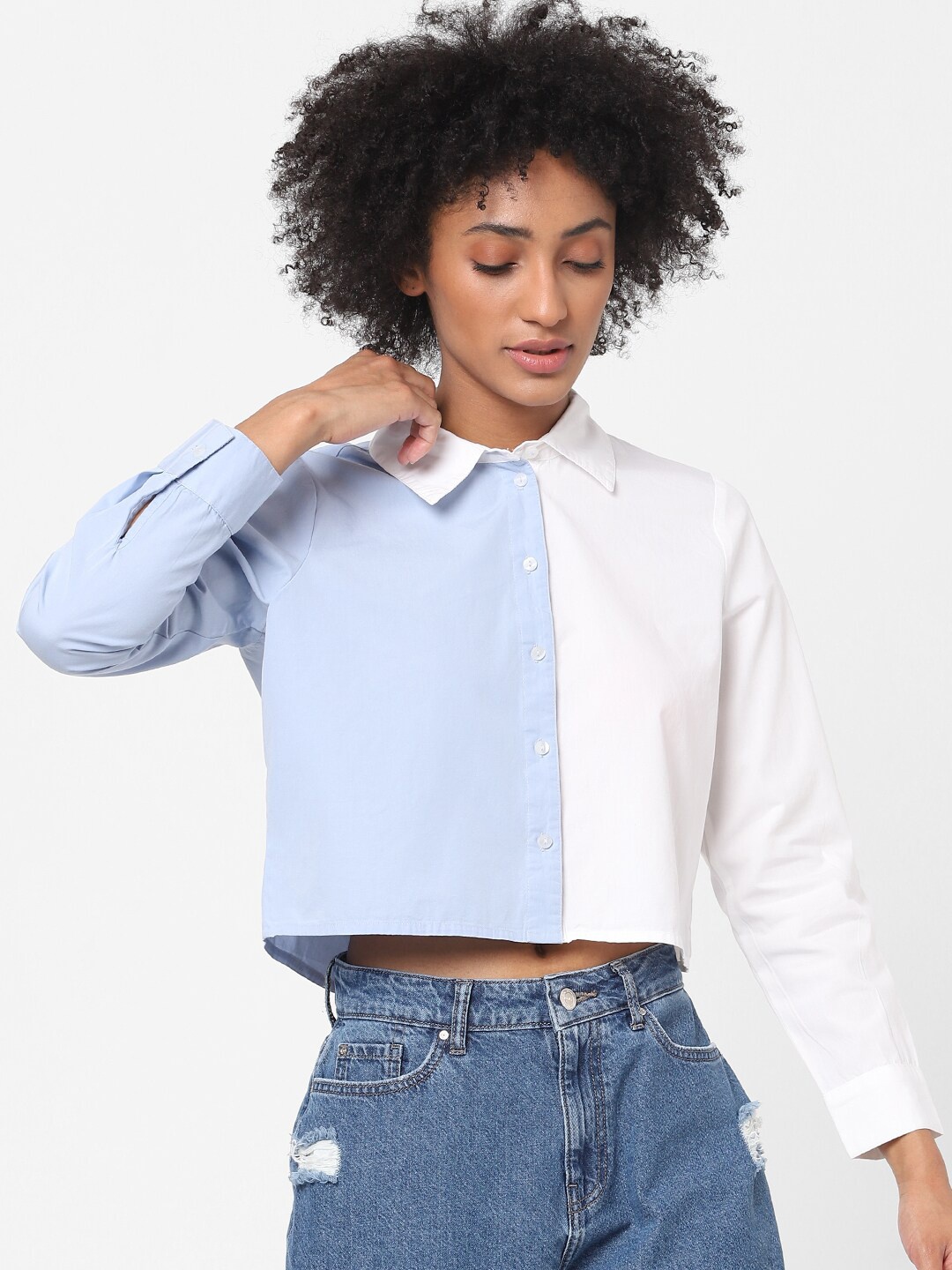 

ONLY Women White & Blue Solid Cotton Casual Shirt
