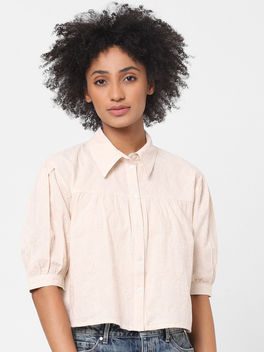 

ONLY Women Beige Cotton Crop Casual Shirt