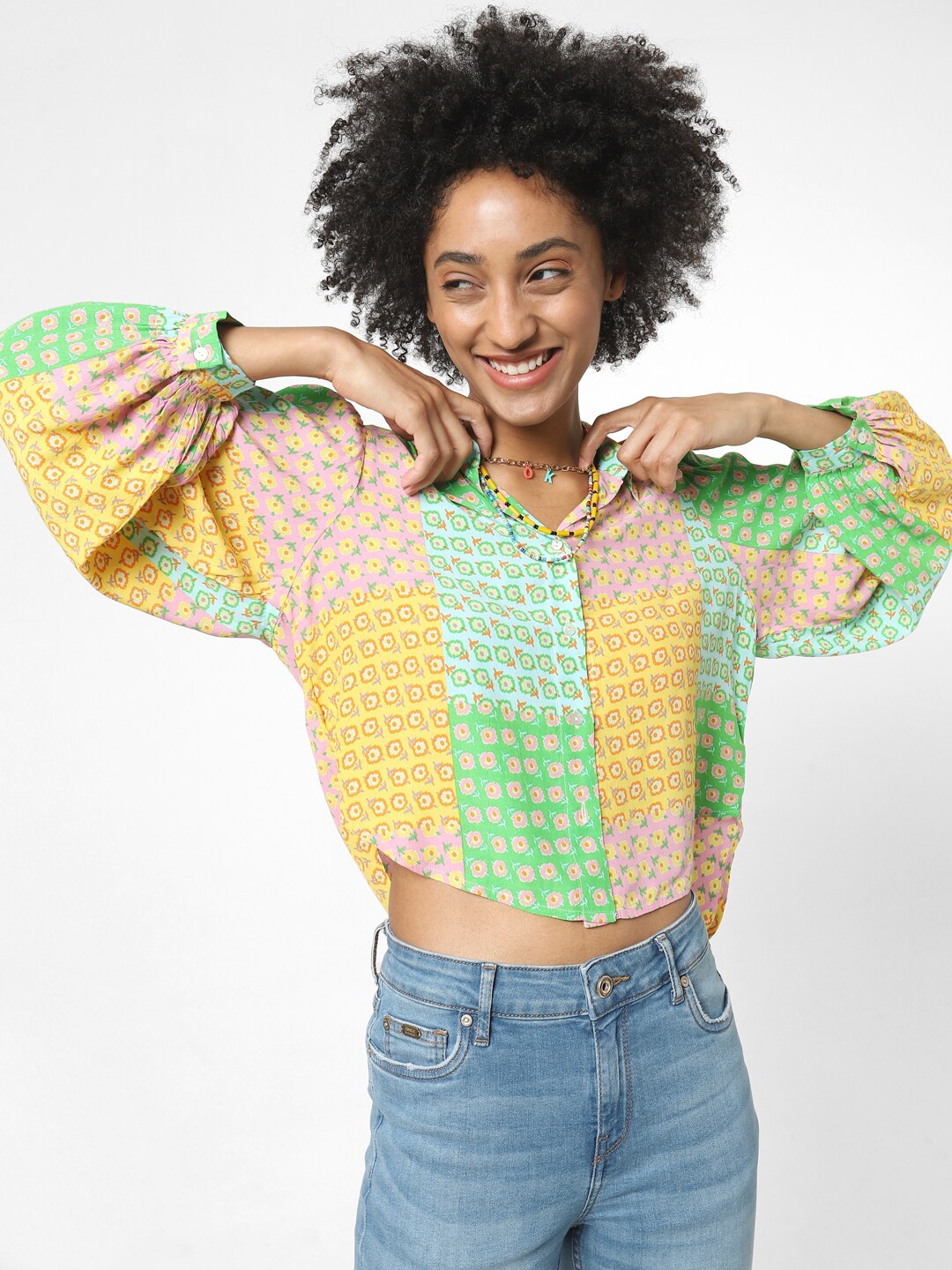 

ONLY Women Green & Yellow Printed Casual Shirt