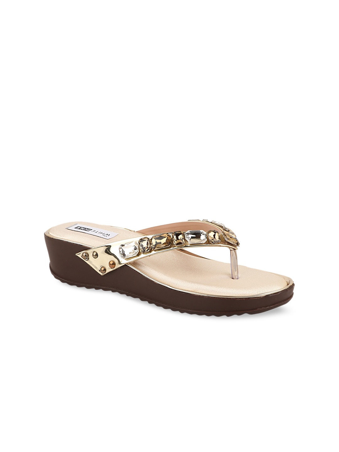 

THE WHITE POLE Gold-Toned Embellished Party Wedge Sandals