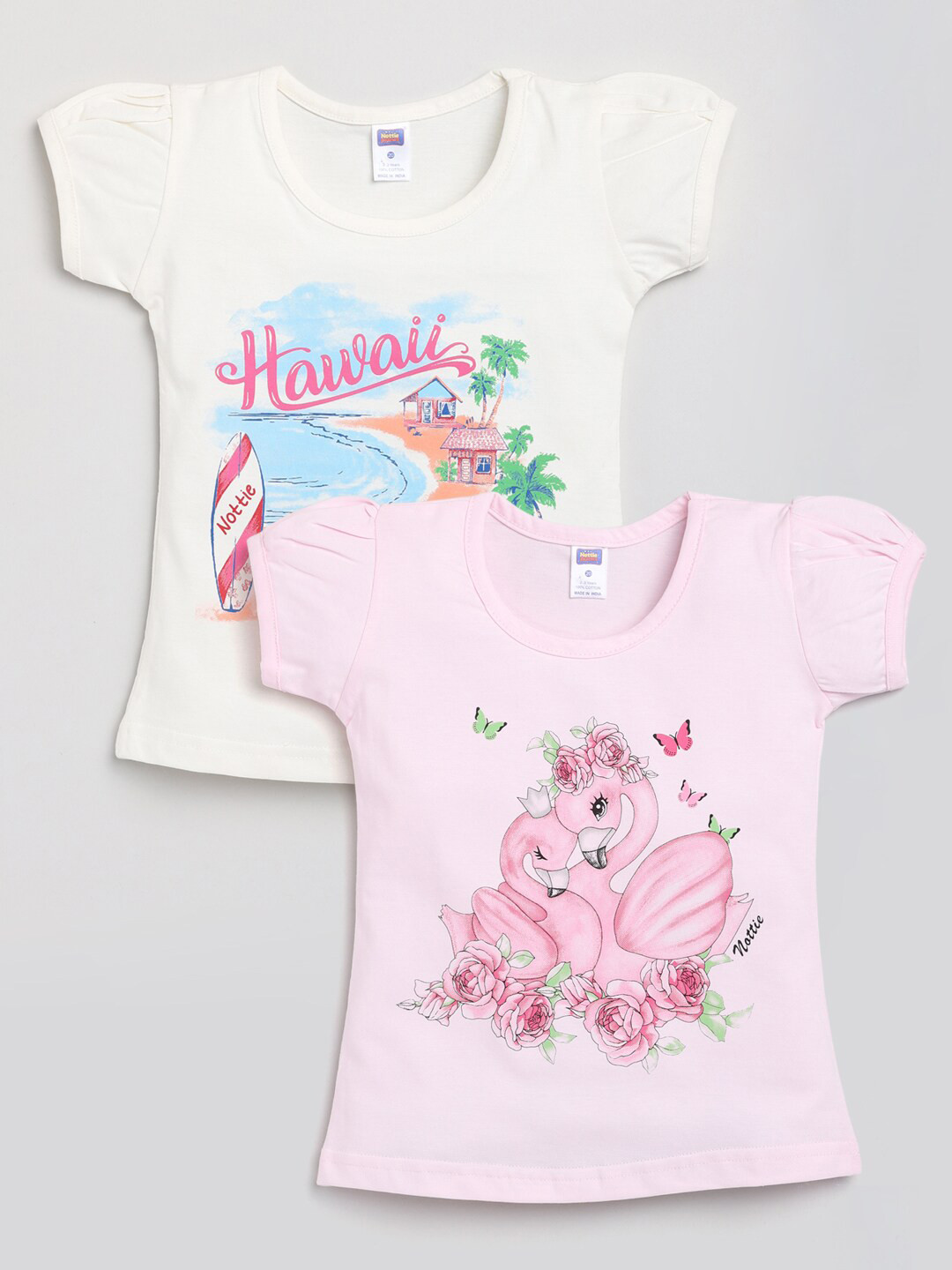 

Nottie Planet Girls Set Of 2 White & Pink Printed Puff Sleeves Cotton T-shirt
