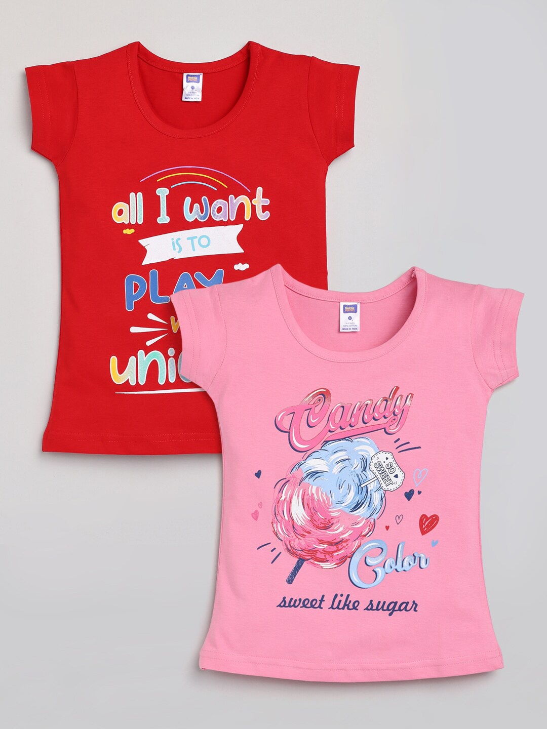 

Nottie Planet Girls Pack of 2 Red & Pink Typography Printed Cotton T-shirts