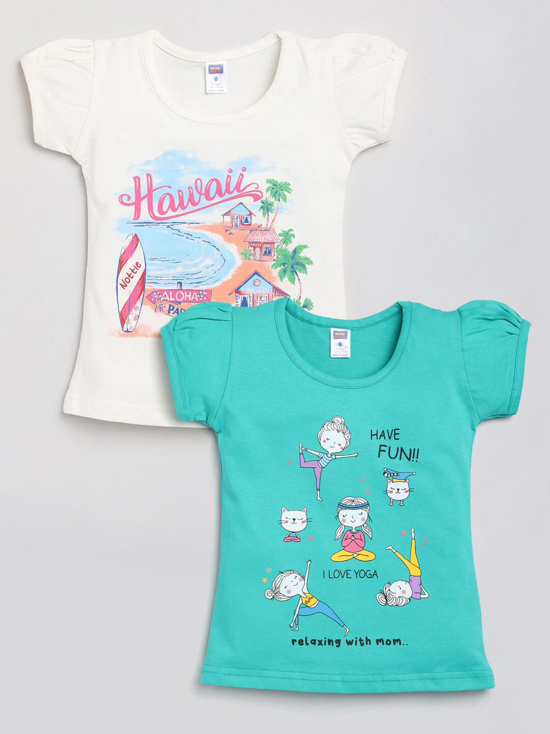 

Nottie Planet Girls Set Of 2 White & Blue Printed Puff Sleeves T-shirt