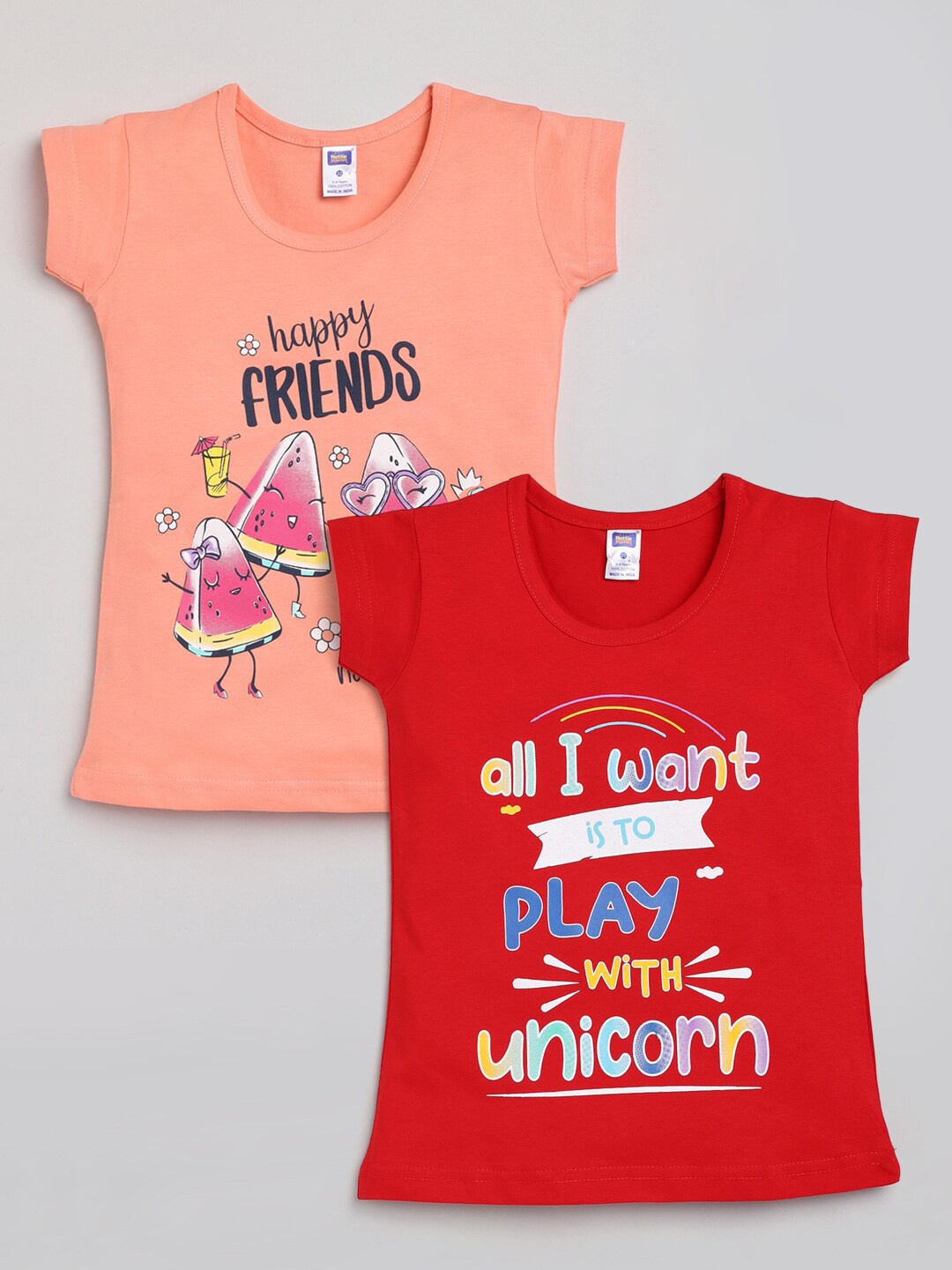 

Nottie Planet Girls Set Of 2 Peach-Coloured & Red Printed Cotton T-shirt
