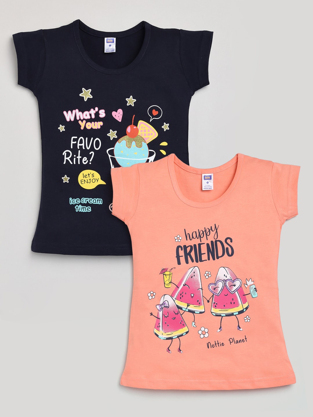 

Nottie Planet Girls Multicoloured Set of 2 Graphic Printed Cotton T-shirt, Multi