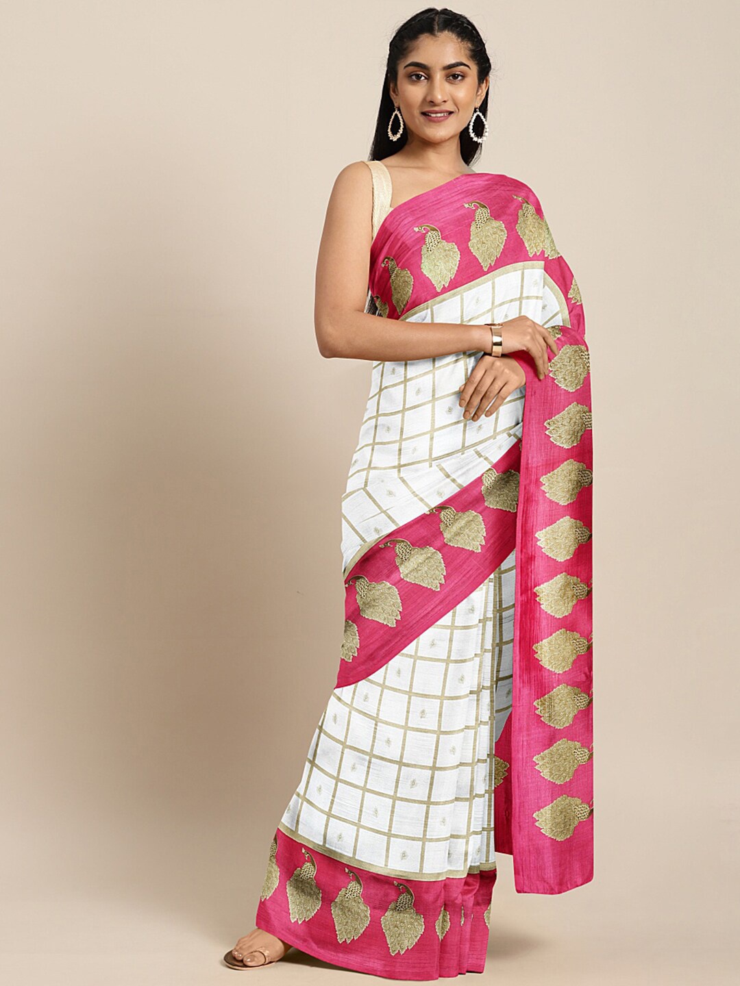 

AADVIKA Pink & White Checked Sequinned Art Silk Saree