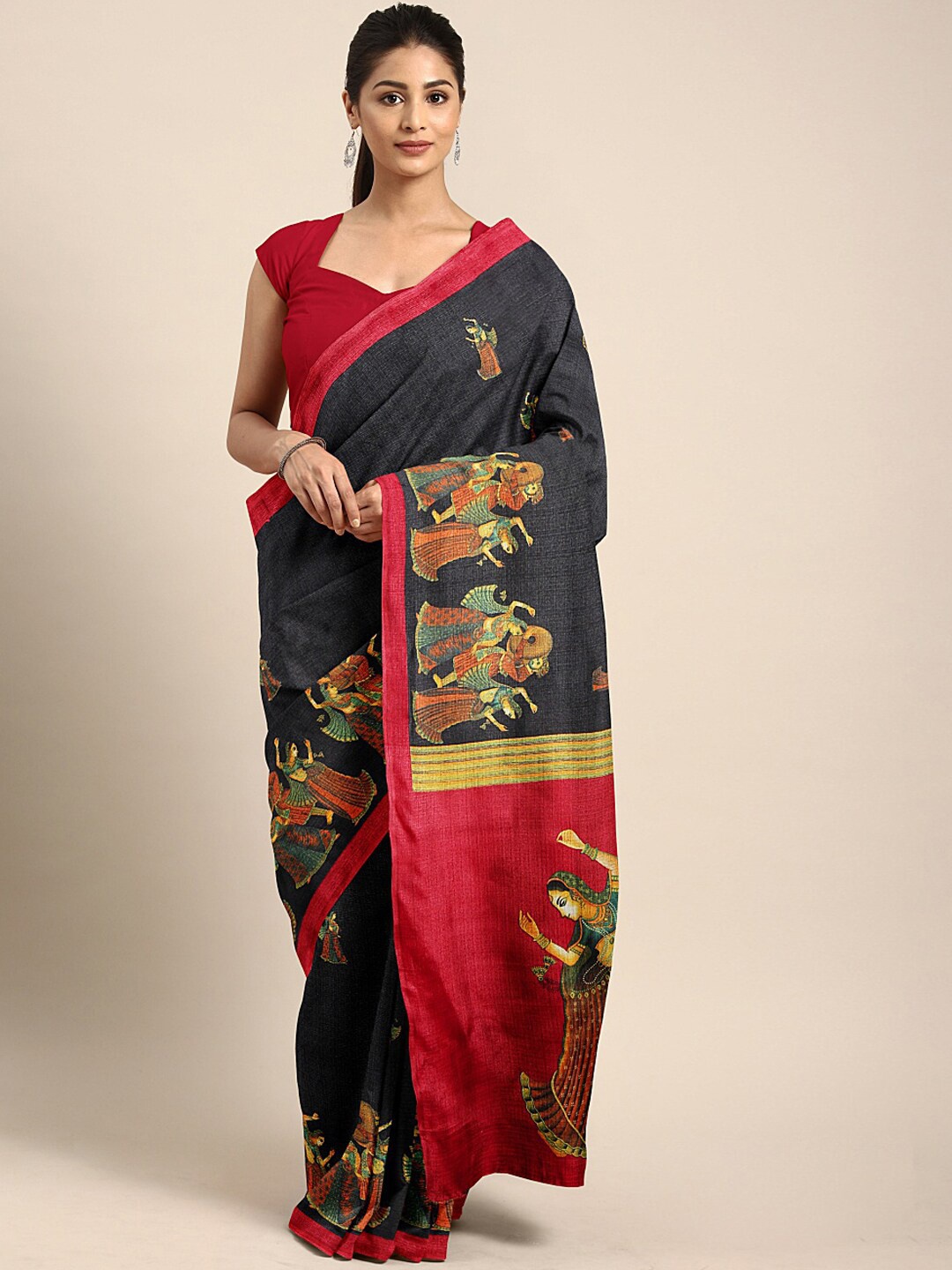 

AADVIKA Red & Green Floral Silk Blend Ready to Wear Khadi Saree