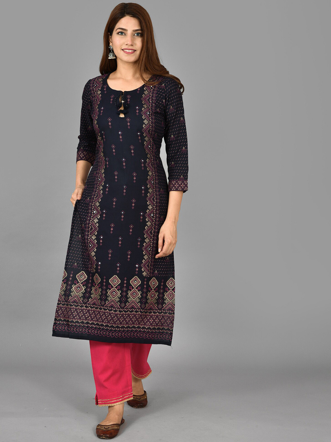 

KAAJH Women Blue & Pink Ethnic Motifs Kurta with Trousers & With Dupatta