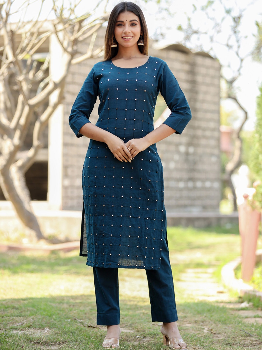 

KAAJH Women Navy Blue Embroidered Mirror Work Pure Cotton Kurta with Trousers