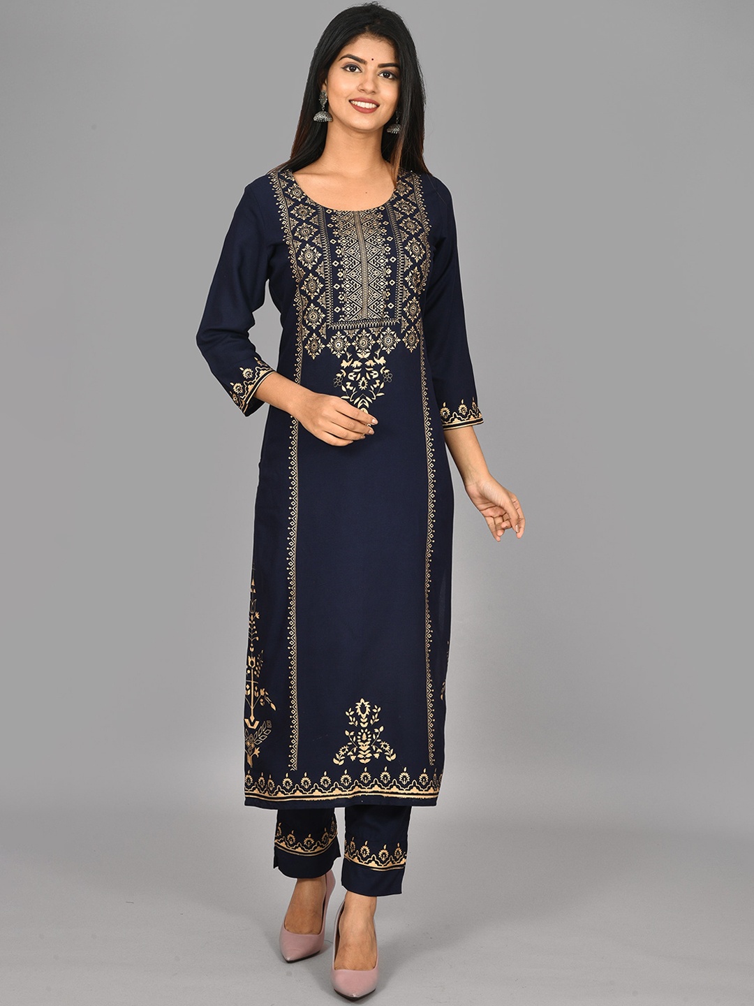 

KAAJH Women Blue Printed Sequinned Pure Cotton Kurta with Trousers
