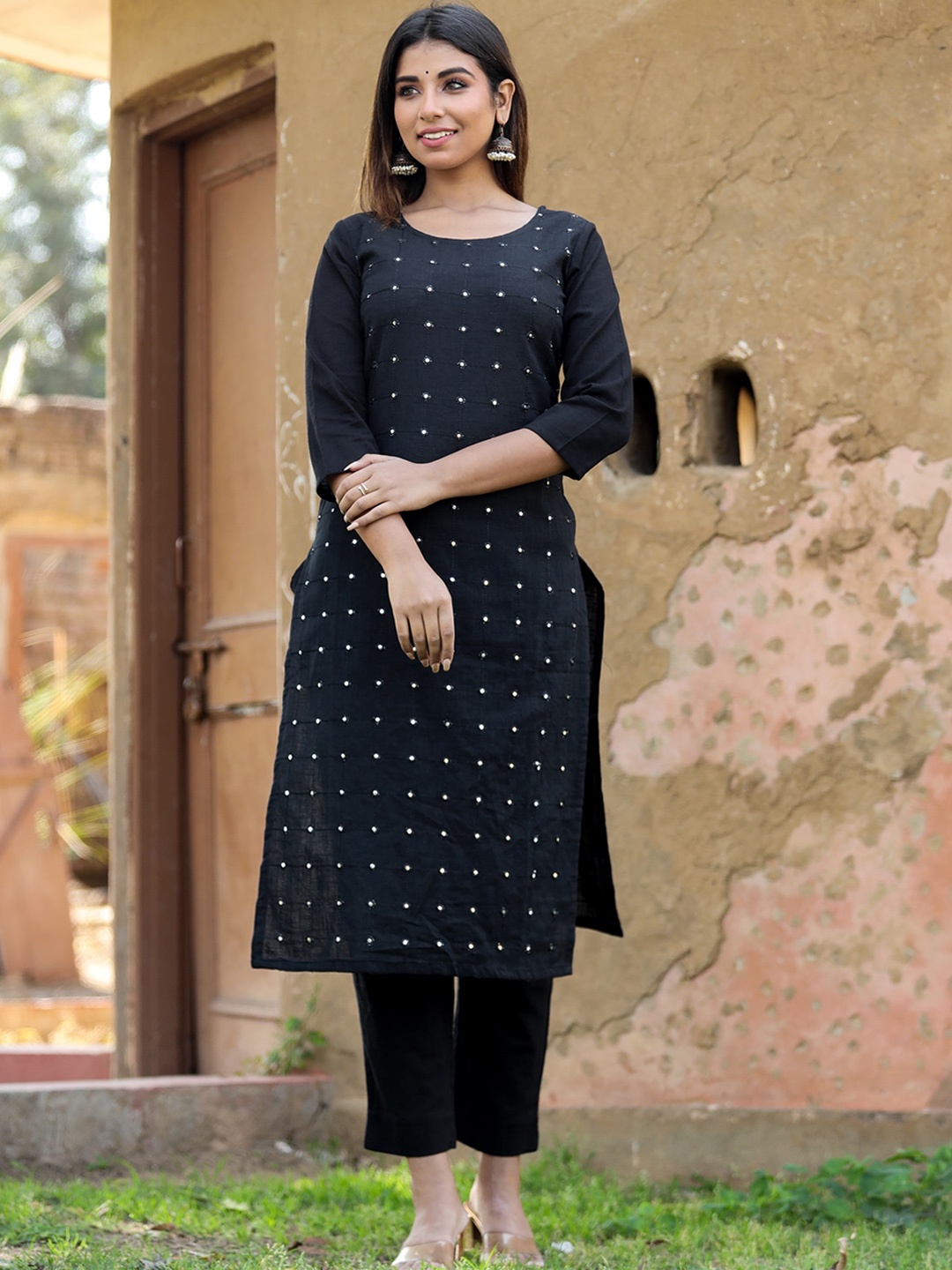 

KAAJH Women Black Embroidered Mirror Work Cotton Kurta with Palazzos