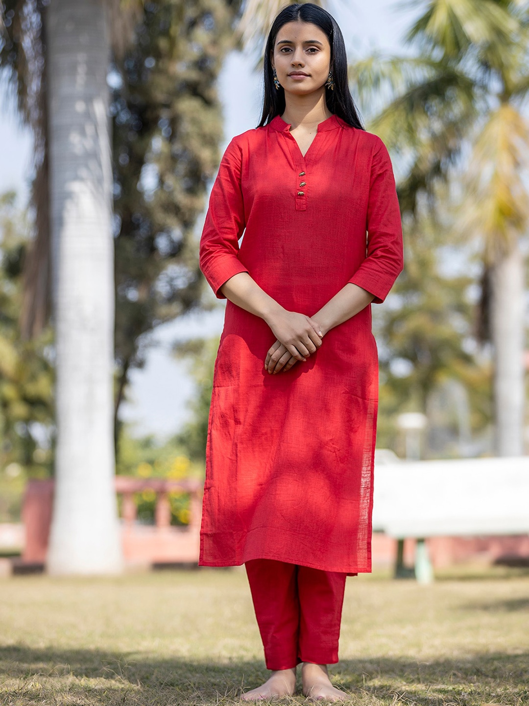 

KAAJH Women Red Pure Cotton Kurta with Palazzos