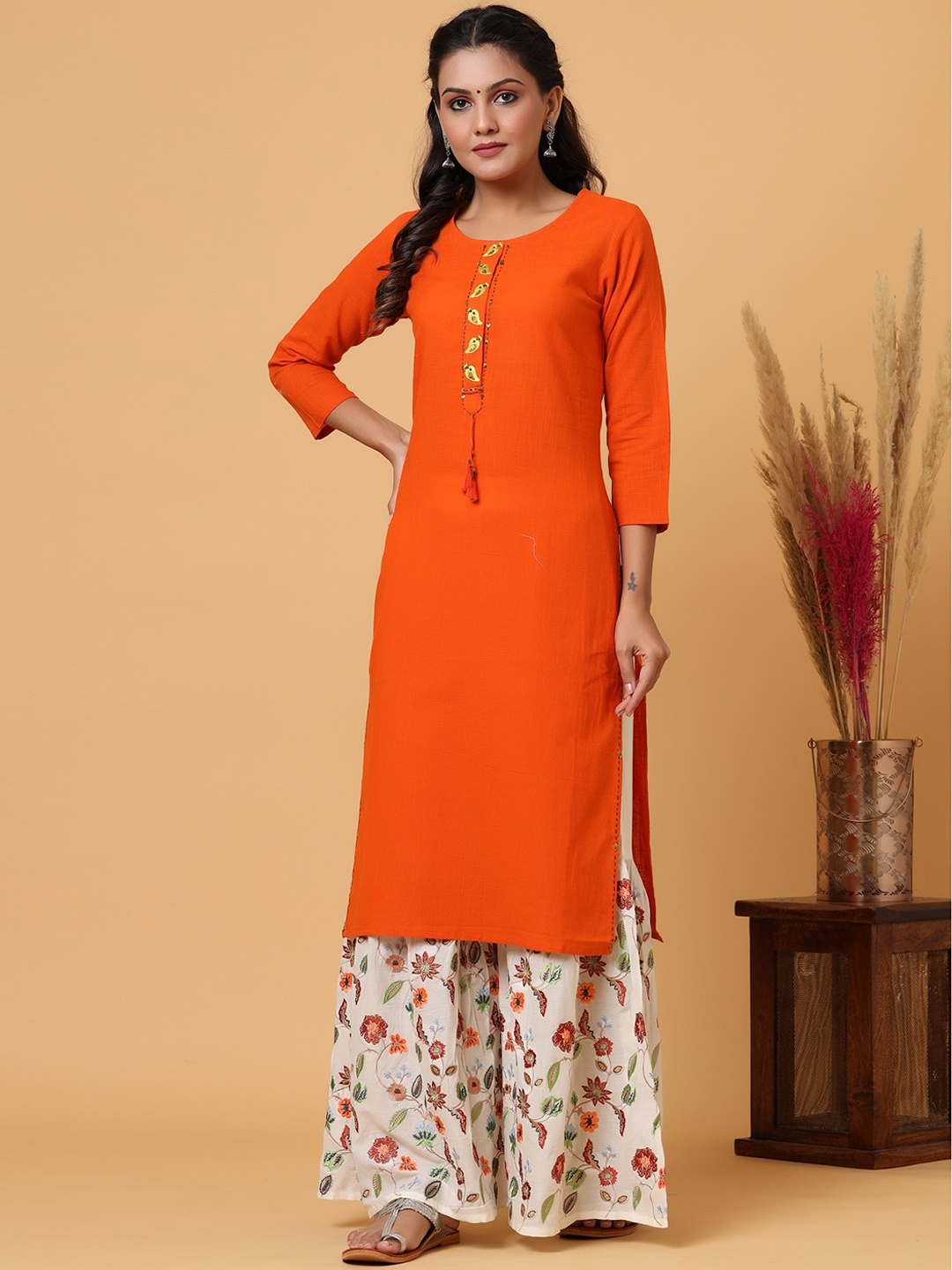 

KAAJH Women Orange Floral Embroidered Thread Work Pure Cotton Kurta with Sharara