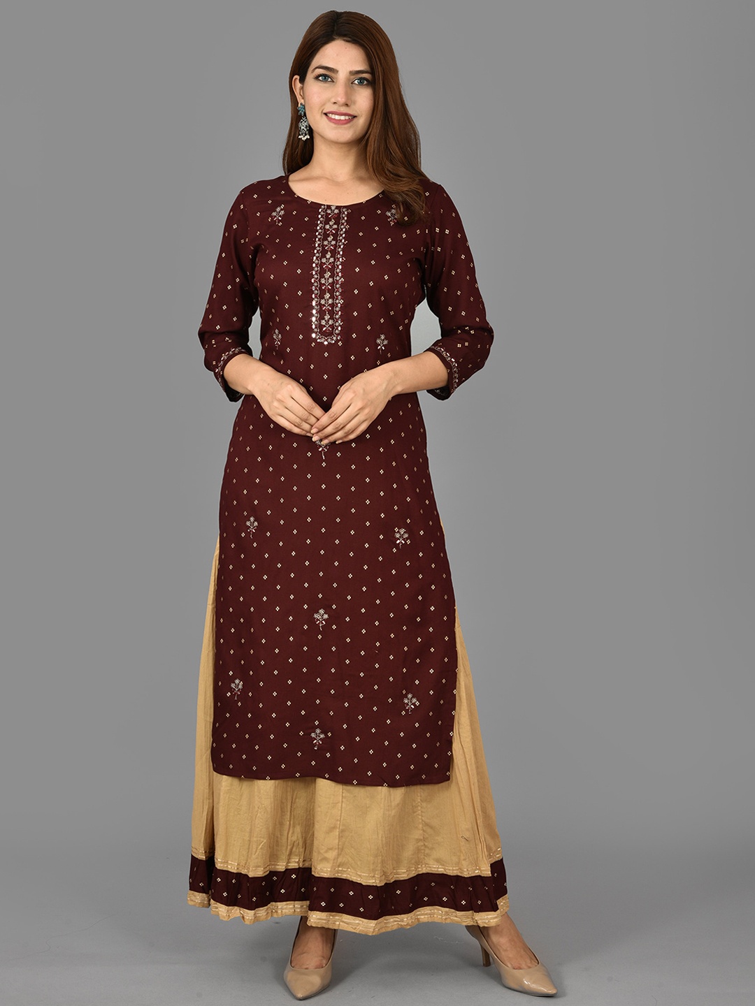 

KAAJH Women Maroon & Beige Ethnic Motifs Printed Mirror Work Kurta with Palazzos