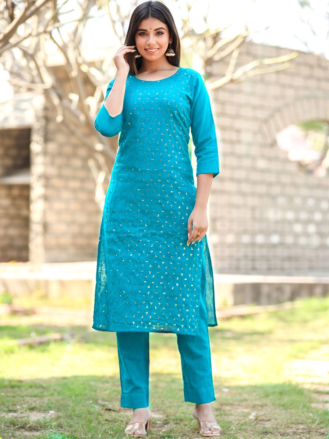 

KAAJH Women Sea Green Sequins Work Cotton Kurta & Trousers