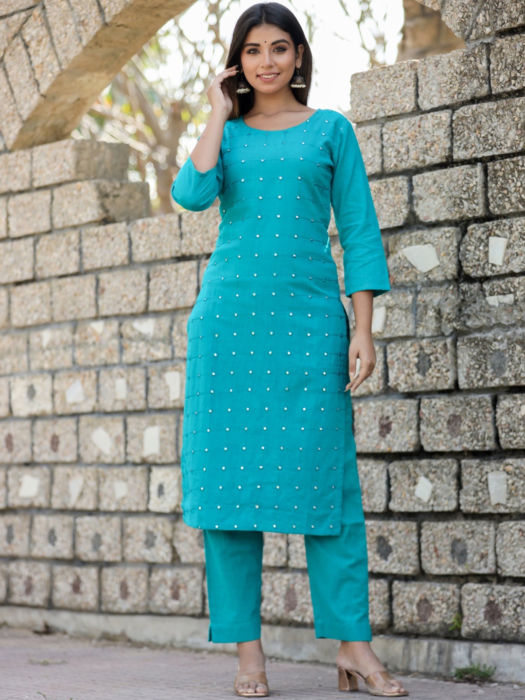 

KAAJH Women Teal Green Embroidered Mirror Work Pure Cotton Kurta with Trousers