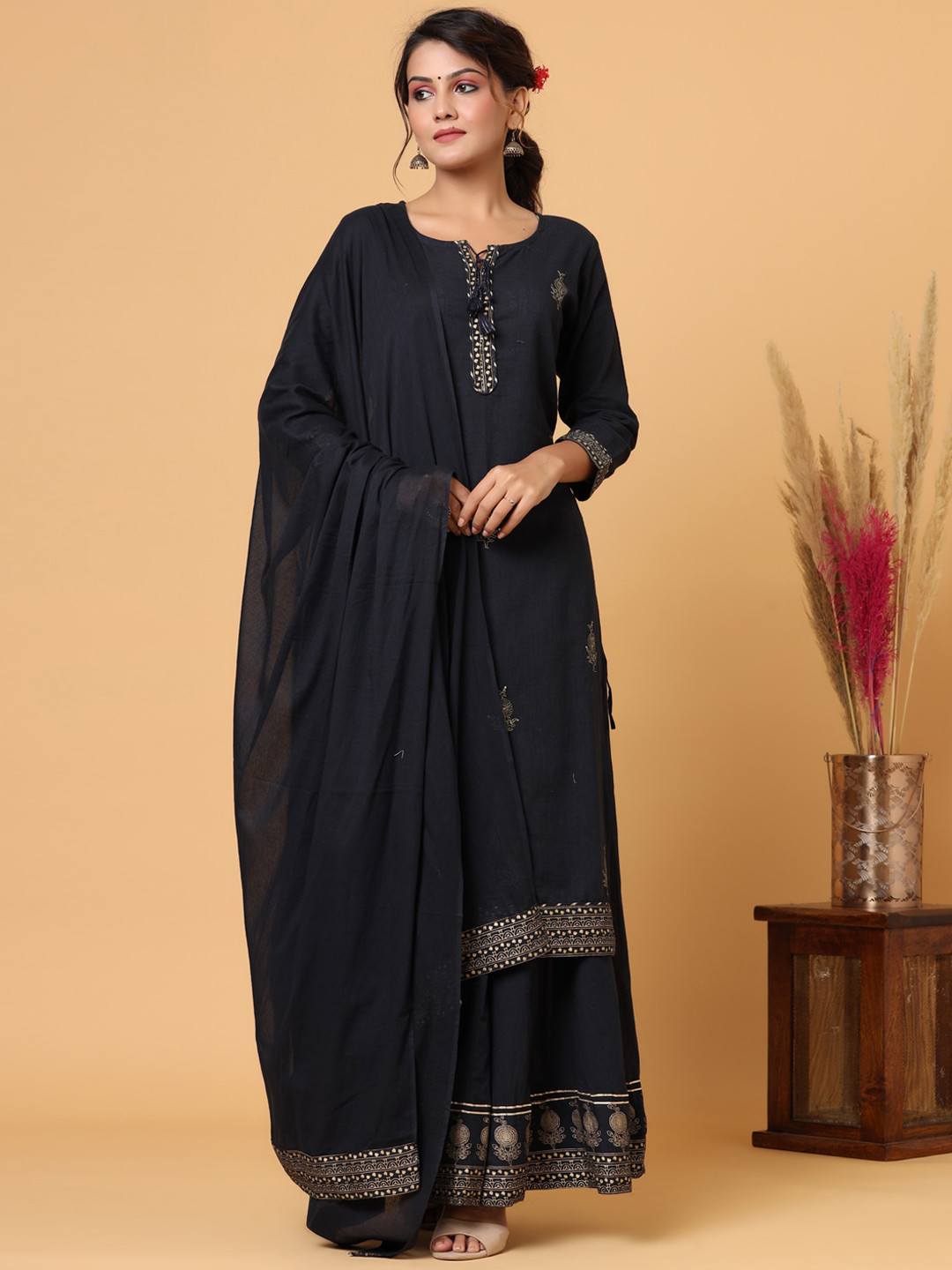 

KAAJH Women Navy Blue Ethnic Motifs Embroidered Thread Work Pure Cotton Kurta with Palazzos & With Dupatta