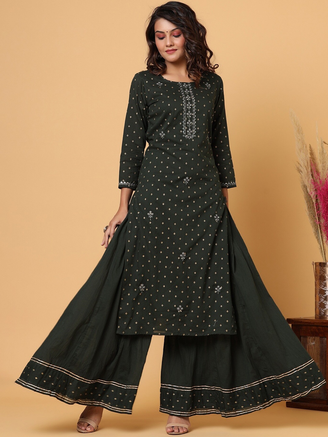 KAAJH Women Green Printed Mirror Work Pure Cotton Kurta with Sharara & With Dupatta