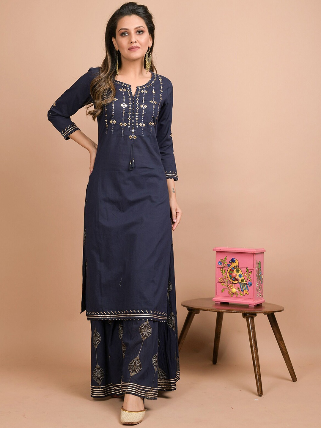 

KAAJH Women Navy Blue & Golden Mirror Work Pure Cotton Kurta with Palazzos
