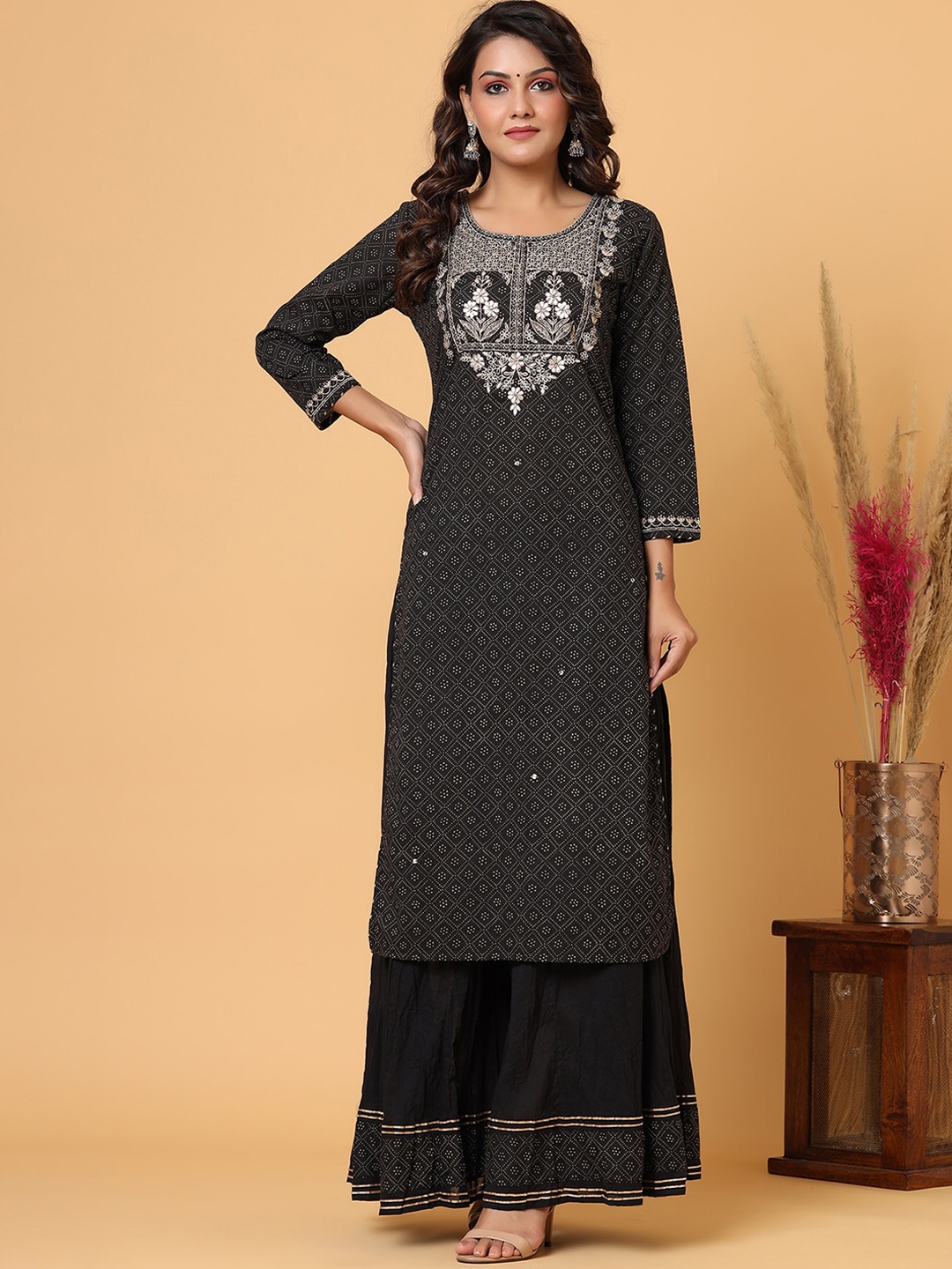 

KAAJH Women Black Embroidered Cotton Kurta & Sharara