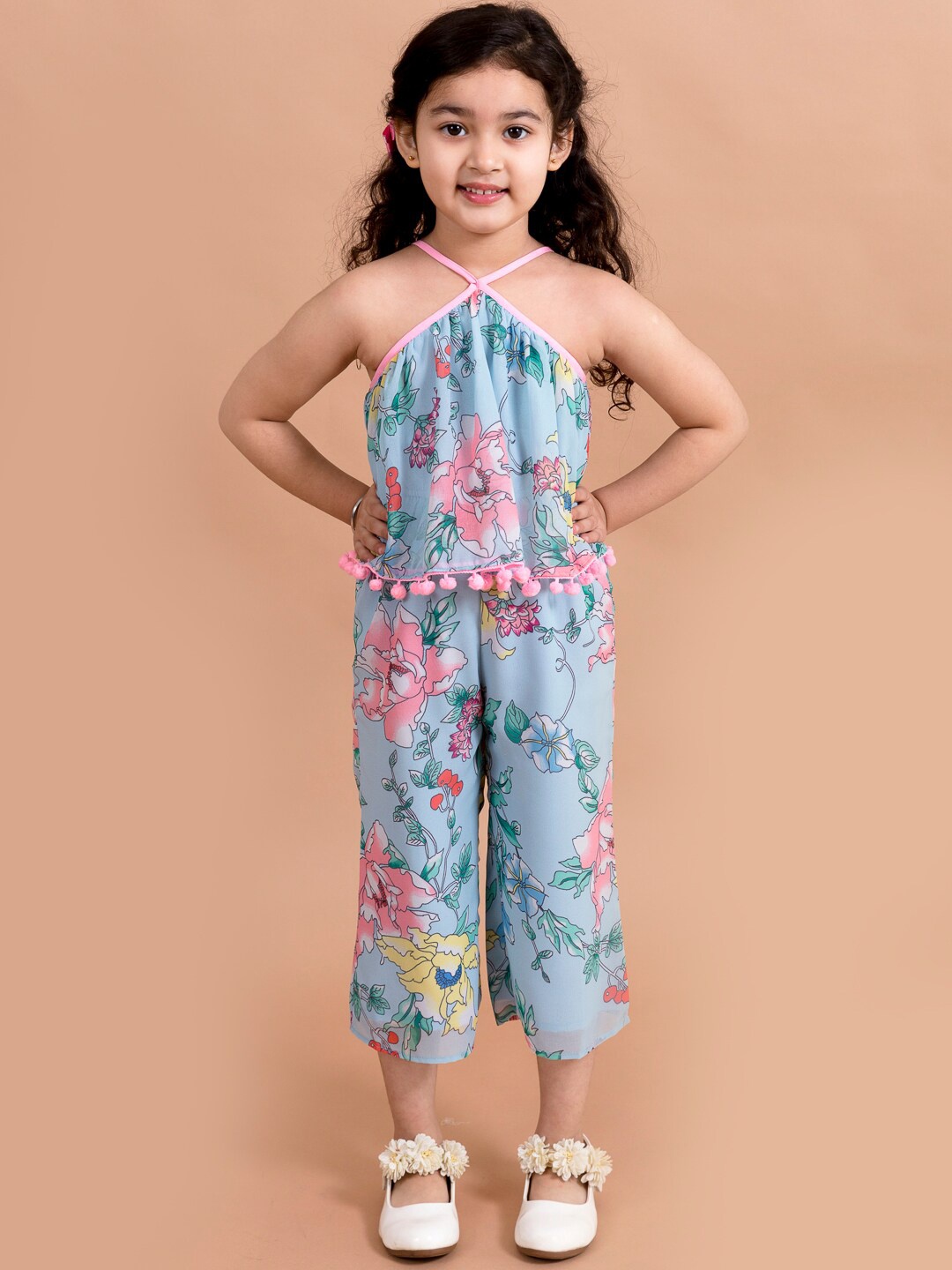 

pspeaches Girls Blue & Pink Printed Cotton Halter Neck umpsuit