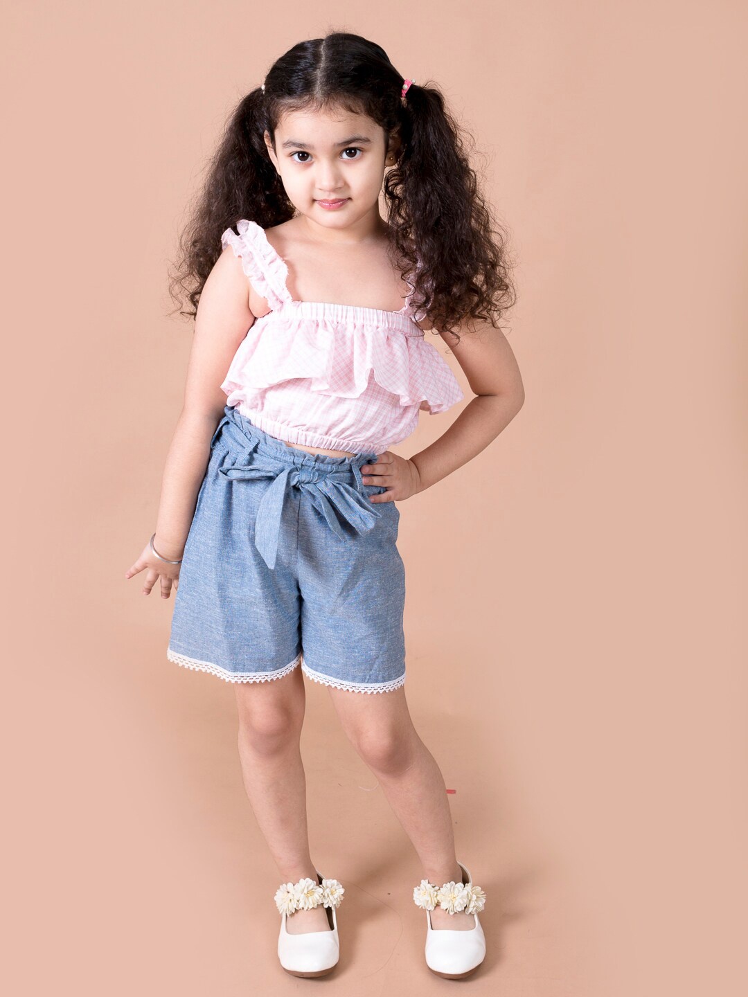 

pspeaches Girls Pink & Blue Printed Top with Shorts