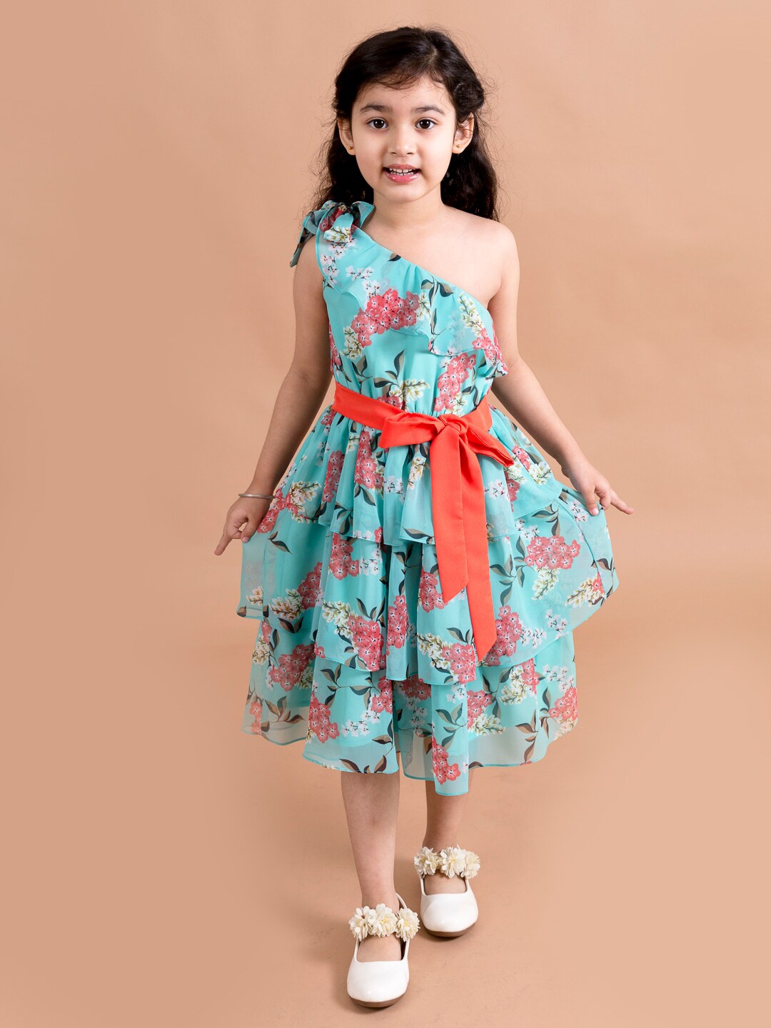 

pspeaches Girls Sea Green Floral Georgette Fit & Flare Layered Midi Dress