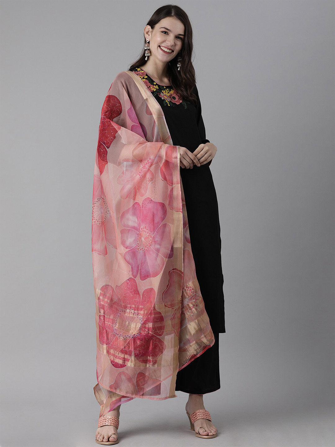 

Indo Era Pink & Red Floral Printed Organza Dupatta