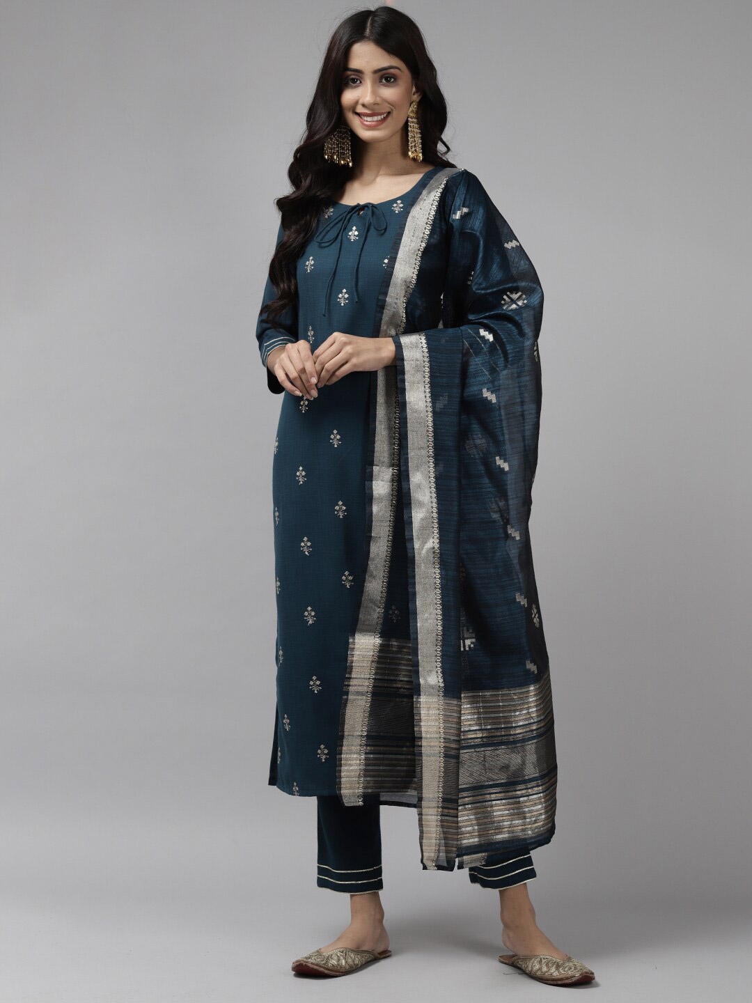 

Indo Era Teal & Silver Woven Design Art Silk Dupatta with Zari
