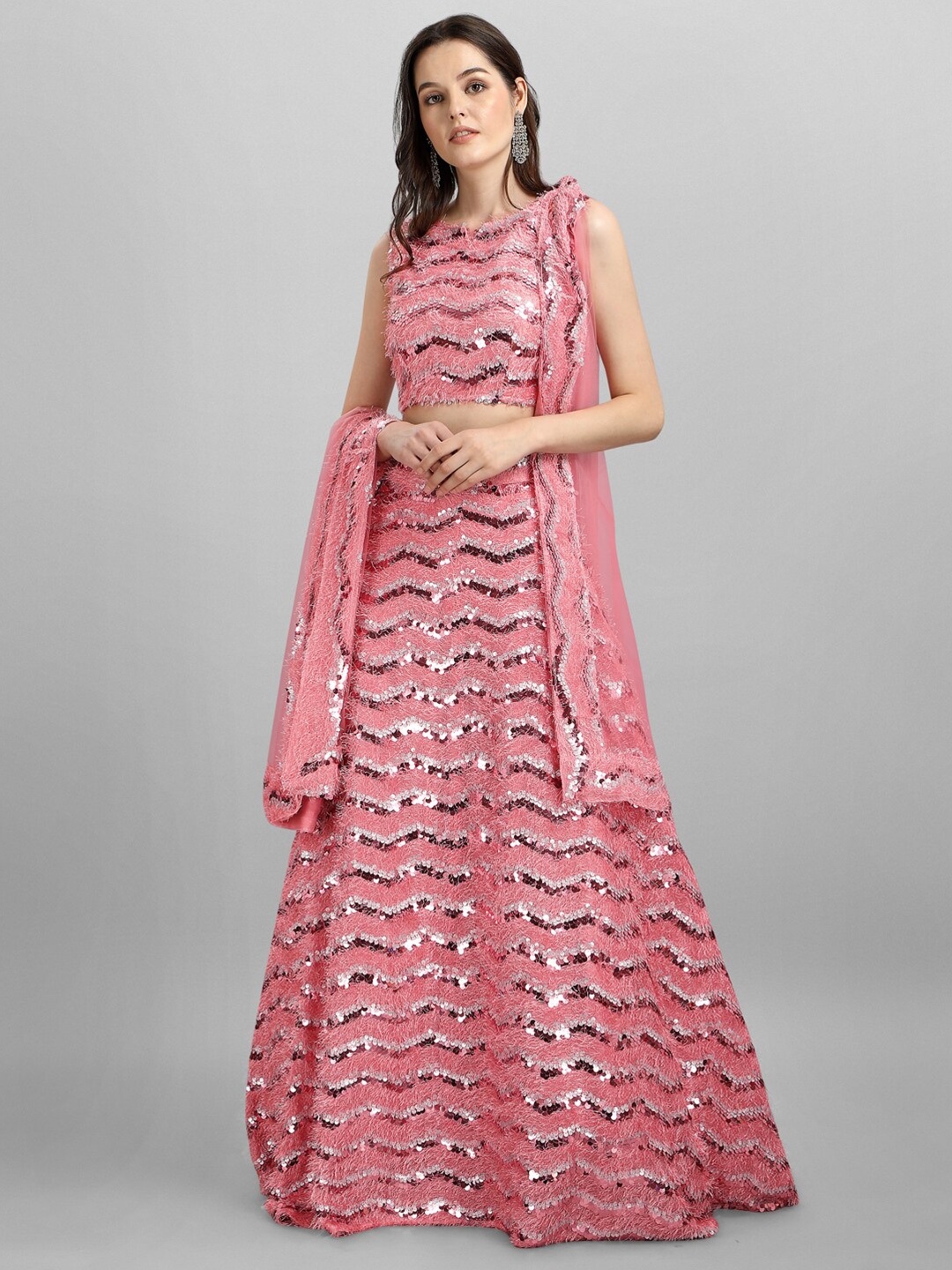 

JATRIQQ Pink & Silver-Toned Embellished Sequinned Semi-Stitched Lehenga & Unstitched Blouse With Dupatta