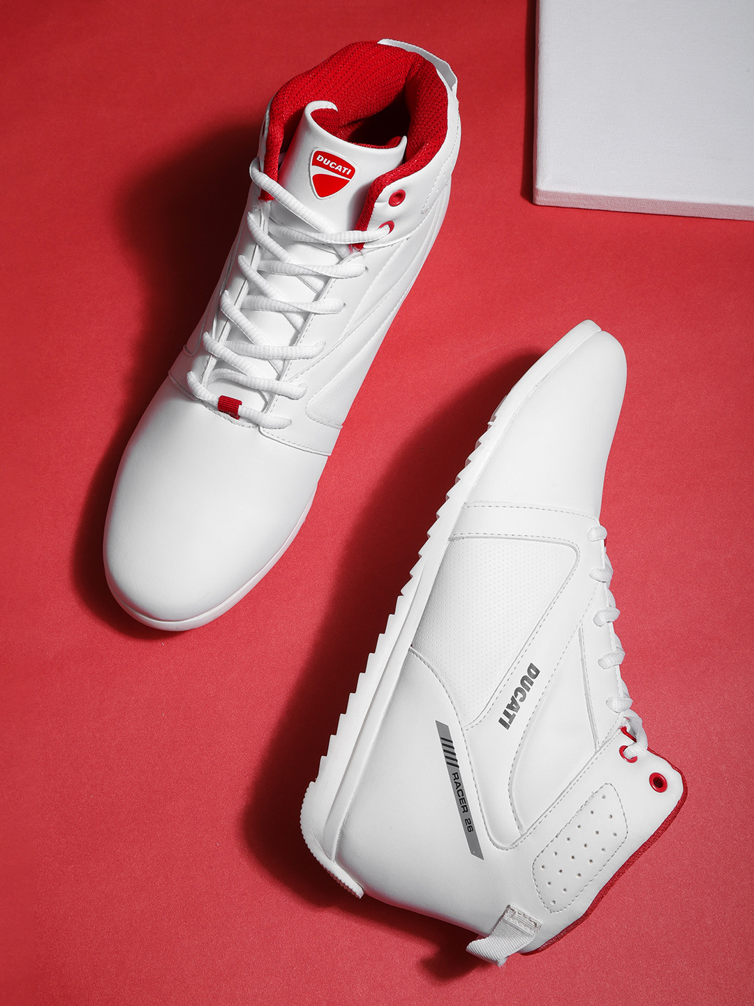 

Ducati Men White Solid Mid-Top Perforated Brand Logo Print Sneakers