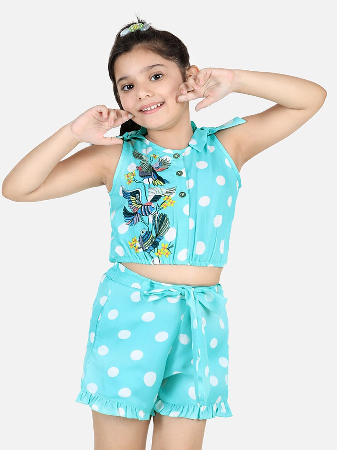 

Naughty Ninos Girls Blue Polka Dots Printed Top with Shorts