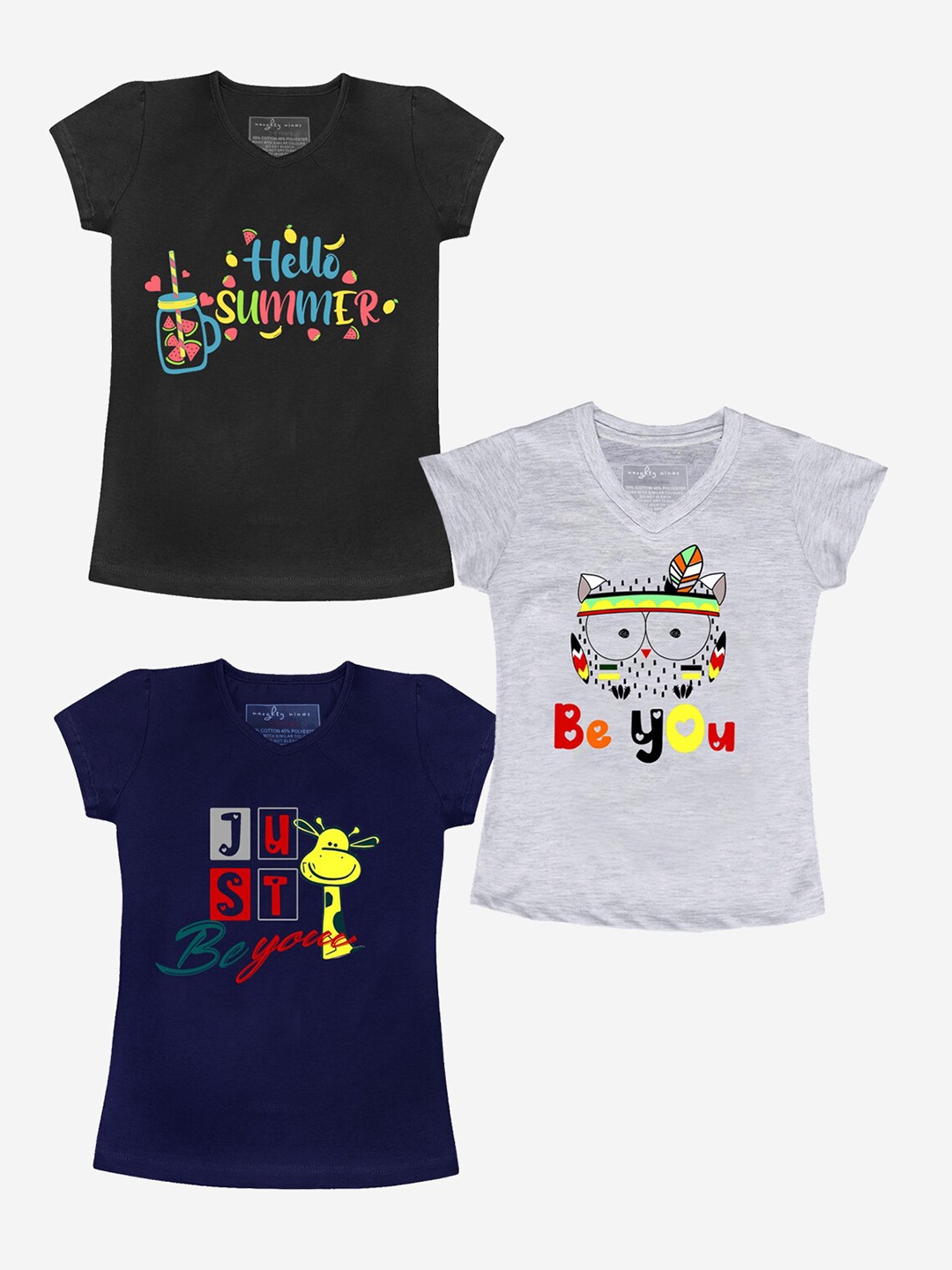 

Naughty Ninos Girls Pack Of 3 Printed V-Neck T-shirt, Grey