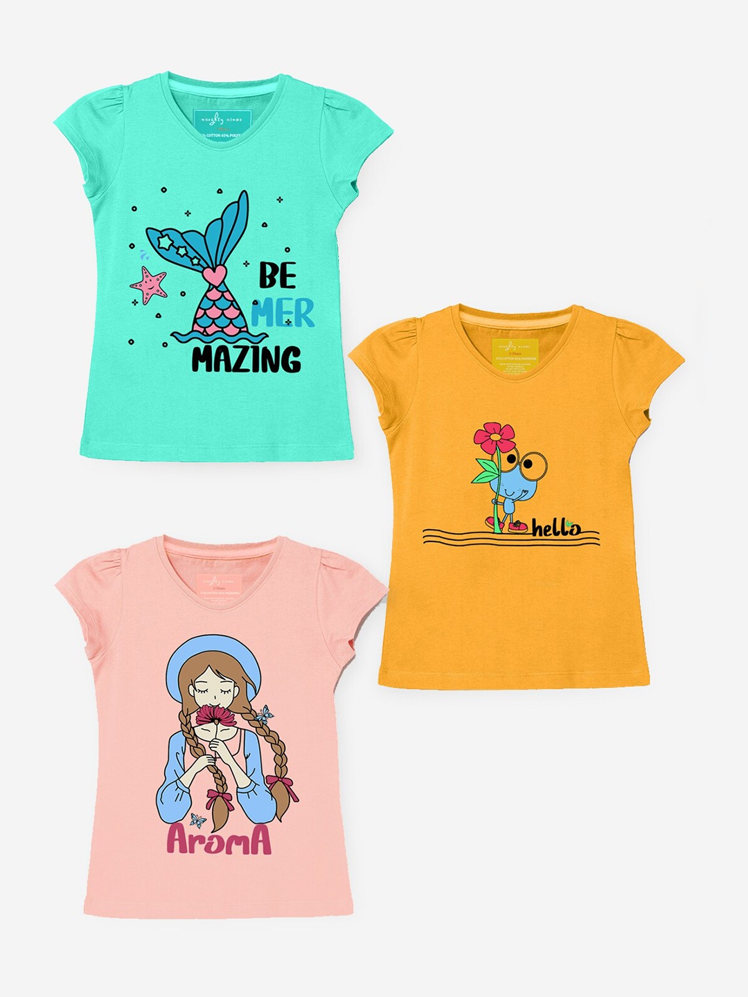 

Naughty Ninos Girls Set Of 3 Yellow & Blue Printed Cotton T-shirt