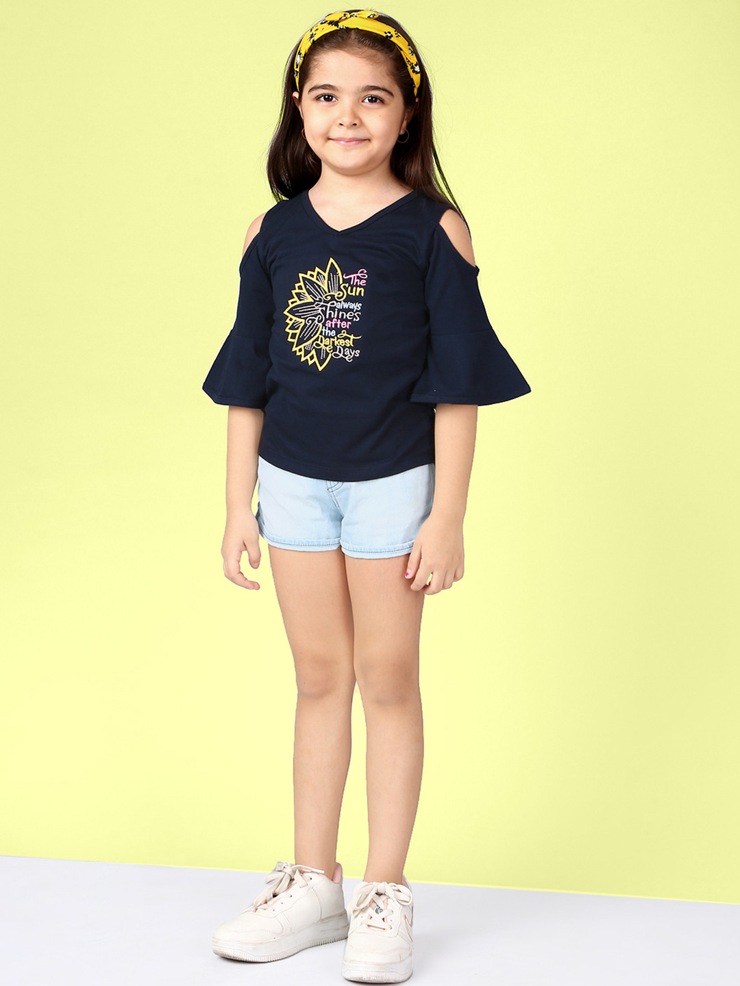 

Naughty Ninos Girls Navy Blue & Blue Printed Top with Denim Shorts