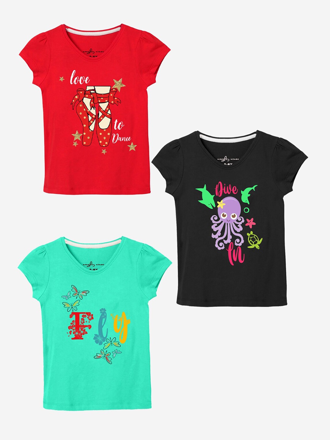 

Naughty Ninos Girls Pack Of 3 Printed V-Neck T-shirt, Red