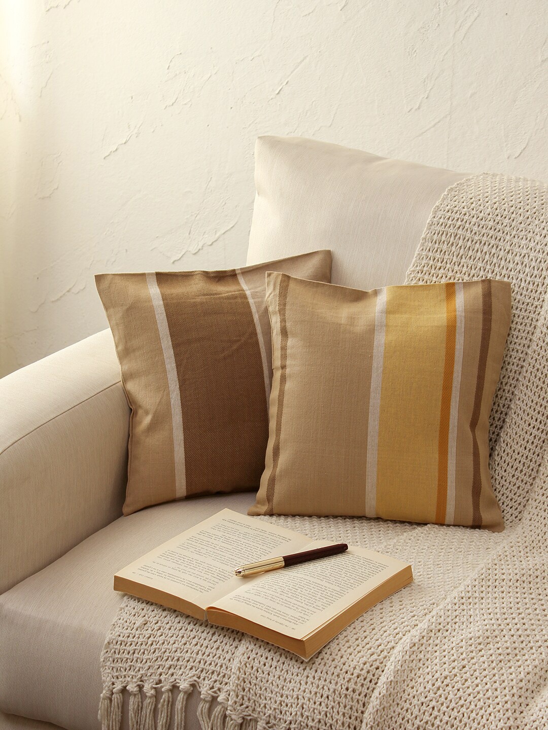 

House This Set Of 2 Beige Cotton Square Cushion Covers