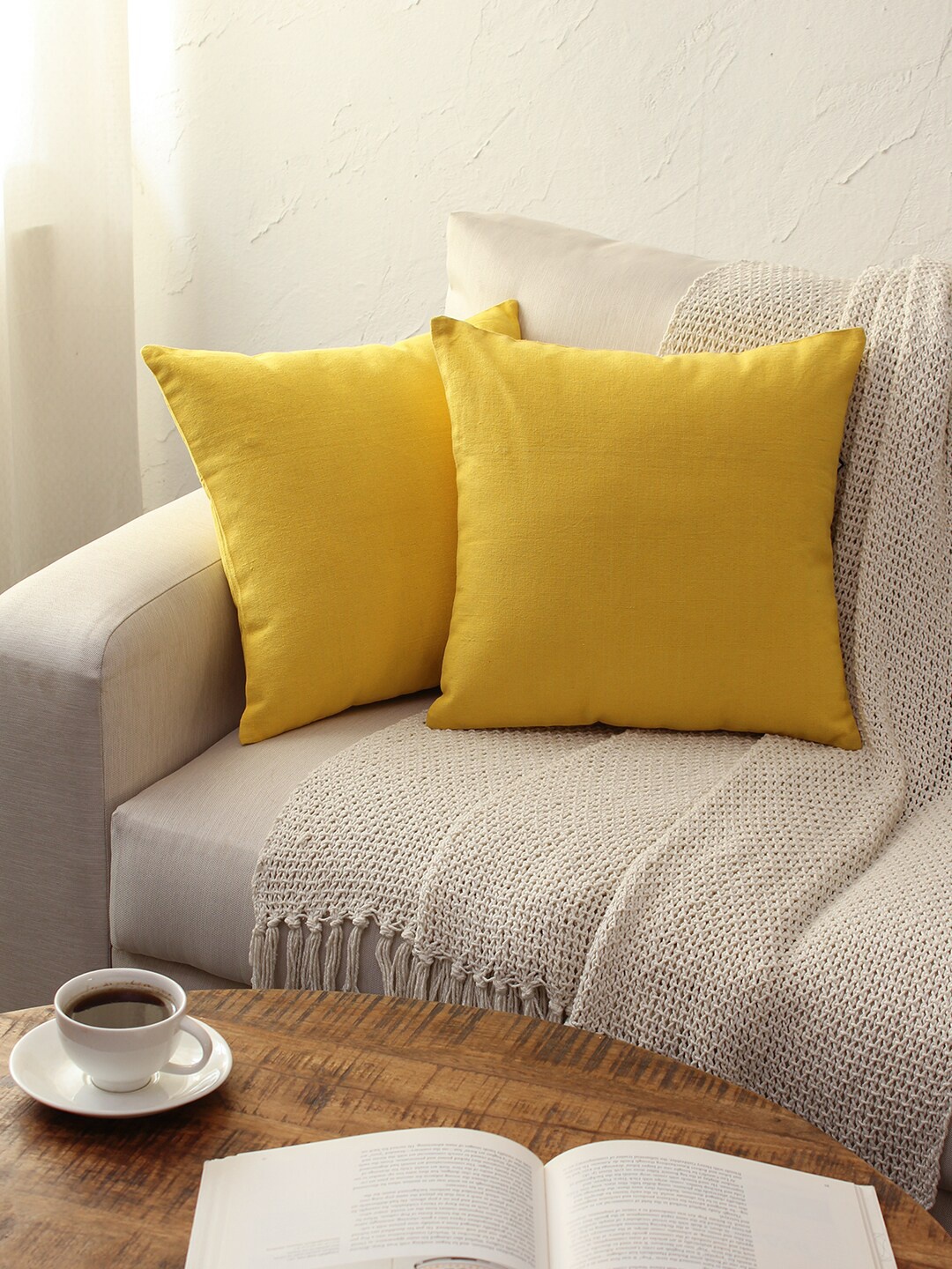 

House This Set of 2 Yellow Solid Square Cotton Cushion Covers