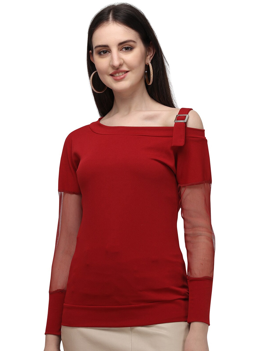 

Amrutam Fab Red One Shoulder Cold-Shoulder Sleeves Crepe Top