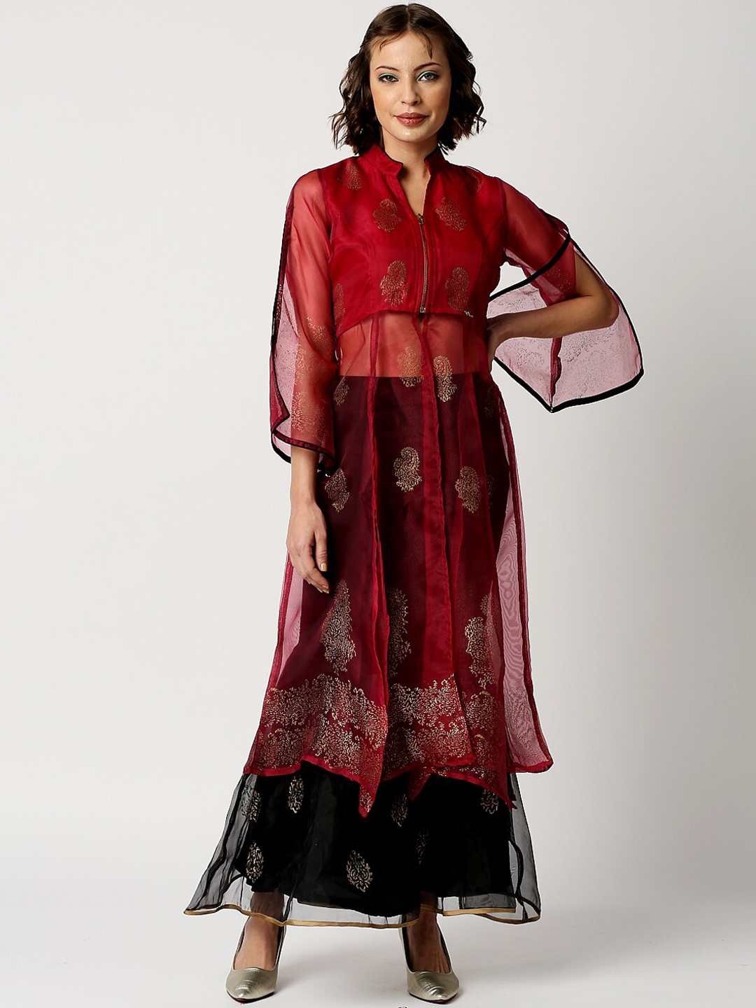 

Ira Soleil Women Maroon Ethnic Motifs Printed Layered Kurta With Skirt